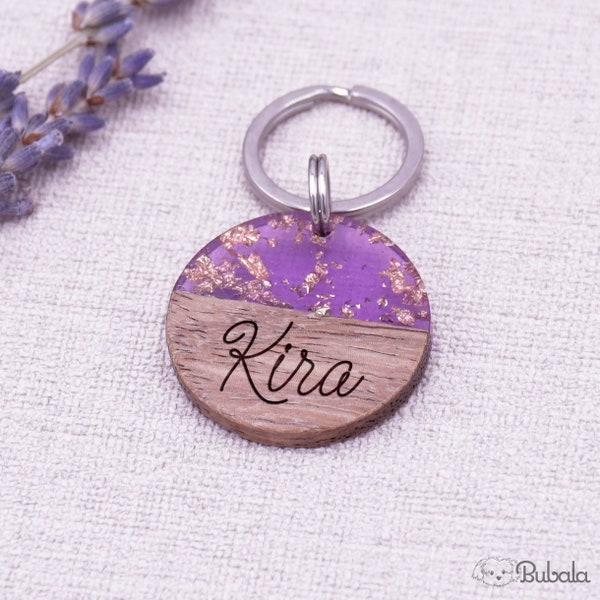Dog tags wood and resin 28.5 mm engraved purple glitter