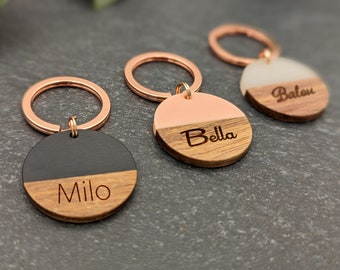 Dog tags wood and resin 28.5 mm engraved rose gold