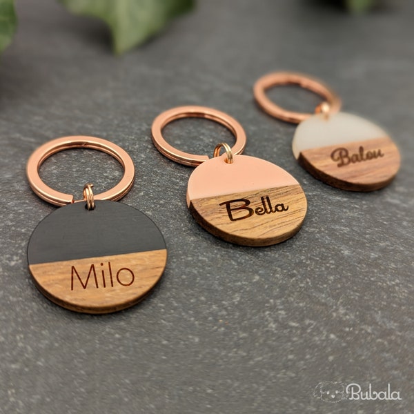 Dog tags wood and resin 28.5 mm engraved rose gold