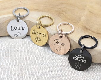 Dog Tag Stainless Steel Engraved round personalized different icons, sizes and colors - with name and phone number