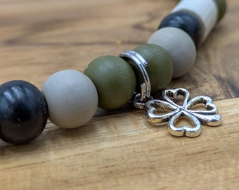 EM Ceramic Dog Collar with Wooden Beads and Pendant - Customizable, Handmade, Green, Olive, Black