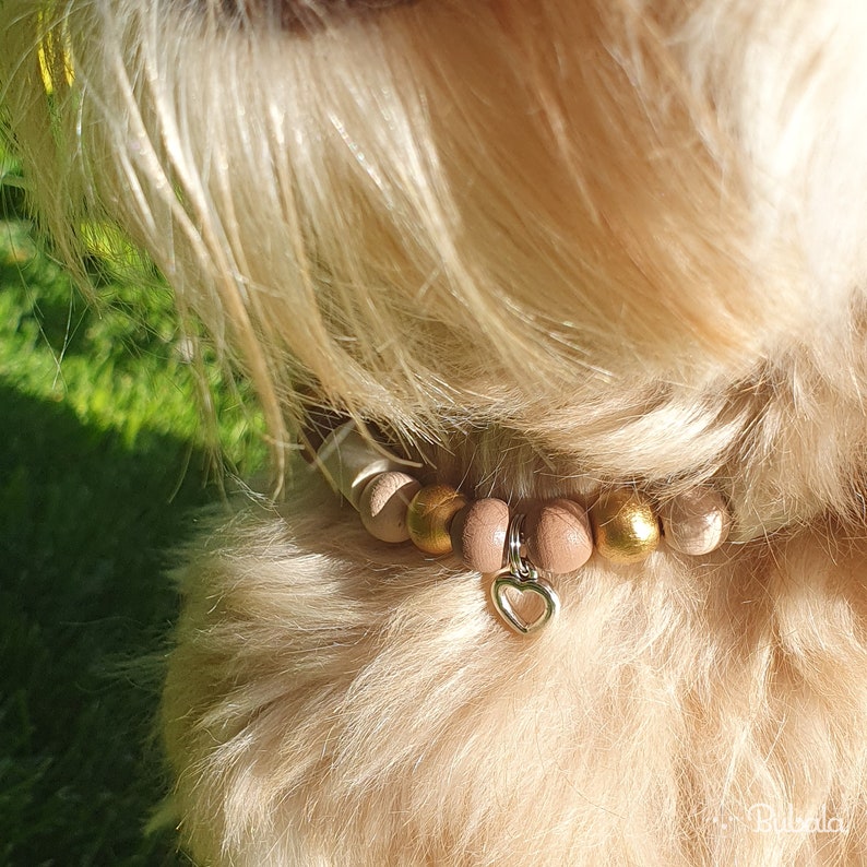 EM Keramik Pipes Halsband für Hund und Katze. Natürlicher Zeckenschutz mit braunen und goldenen Holzperlen und Anhänger Bild 3