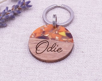 Dog tag wood and resin orange glitter engraved 28.5 mm