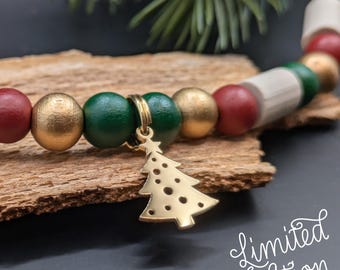 Christmas gift - EM Ceramic Pipes collar for dogs and cats. Natural tick protection with red-green-gold wooden beads and pendant