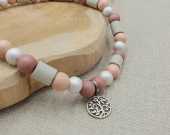 EM Ceramic Dog Collar with Wooden Beads and Pendant - Customizable, Handmade, Pink