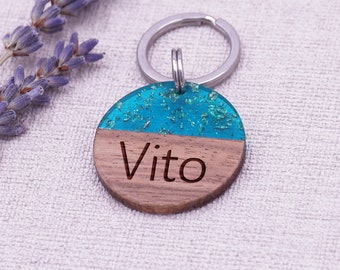 Dog tag wood and resin blue glitter engraved 28.5 mm