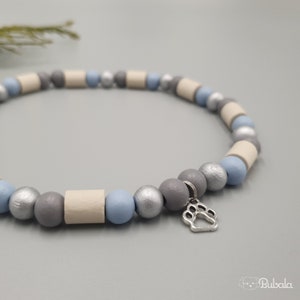 EM Ceramic Pipes Collar for Dogs and Cats. Natural tick protection with blue and silver wooden beads and pendant