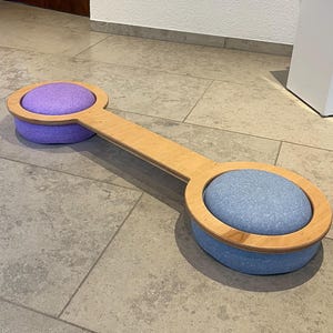 Op de afbeelding: Een houten balansbord met twee ovale, gewatteerde platforms. Eén platform is paars, de andere is blauw. De platforms zijn verbonden door een lange, platte houten balk. Het bord is ontworpen voor oefening en balanstraining.