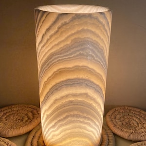 Cylinder Alabaster lamp, Egyptian Alabaster, table lamp, rare alabaster stone.