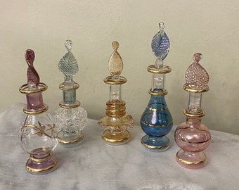 exquisite set of 5 Hand Blown Egyptian Glass Empty Perfume Bottles, Perfect for storing essential oils, massage blends, decorative pieces.