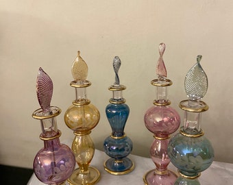 Xl exquisite set of 5 Hand Blown Egyptian Glass Empty Perfume Bottles, Perfect for storing essential oils, massage blends, decorative pieces