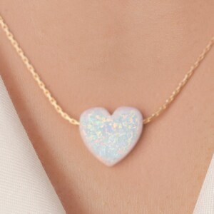 Opal Necklace For Woman – 10mm Heart Fire White Opal Pendant - 14K Gold Filled 16 Inch Chain + 2 inch Extender – Jewelry Gift