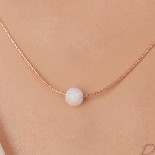 Opal Necklace For Woman – 5mm Fire White Opal Pendant - 14K Rose Gold 16 Inch Chain + 2 inch Extender – Necklace Jewelry Gift