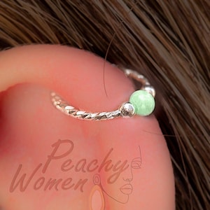 Hammered 925 Silver Helix Ring Hoop With Green Opal - 20G Opal Cartilage Ear Ring - Hypoallergenic Ear Hoop