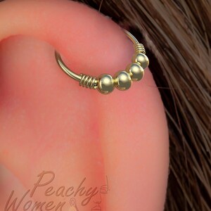 Very Thin Beaded Cartilage Piercing Ring 24G - 14k Gold Filled Helix Hoop With Beads - Handmade Earring For Women