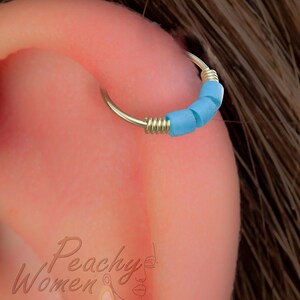 Helix Earring Hoop 20G With Turquoise Beads - 14k Gold Filled Cartilage Piercing Hoop For Women