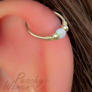 20G 14k Gold Filled Helix Earring Hoop With White Opal - Small Cartilage Ring With Beads and Wrapped Wire