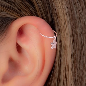 Helix Charm Hoop Ring - 925 Silver Cartilage Piercing Dangly Seastar Pendant - Handmade Ear Jewelry