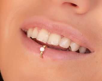 Fake Lip Ring 20 Gauge Non Piercing Hoop - 14k Gold Filled White Opal Faux Lip Piercing - No Piercing Need Lip Rings