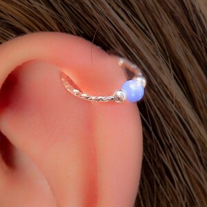 20G Hammered Helix Ring With Blue Opal - 925 Silver Cartilage Hoop For Women Men - Hypoallergenic Piercing Jewelry