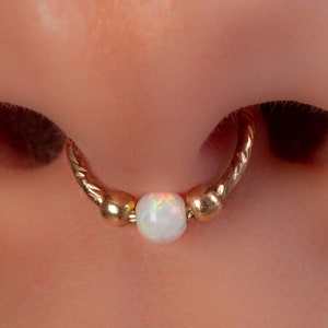 Hammered Septum Piercing Ring With Dainty White Opal - 20 Gauge Opal Septum Hoop - 8mm inner diameter