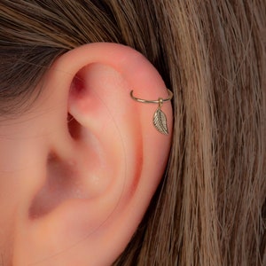 14k Gold Filled Dainty Leaf Pendant Helix Hoop - 22G Cartilage Charm Piercing For Women Men - Handmade Ear Jewelry