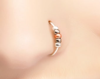 Thin and Small Nose Ring With Bronze & Black Beads 24 Gauge - Thin 925 Silver Beaded Nose Piercing Hoop - Adjustable Nose Jewelry