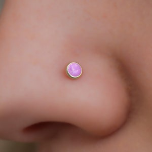 Pink Nose Stud For Women Girls - L Shape Opal Nose Stud 22G - handmade nose jewelry