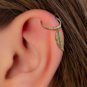 Gold Dangling Helix Piercing - Handmade and Comfortable 14k Gold Cartilage Hoop - Thin 20 gauge Feather Charm Helix 8mm Ring