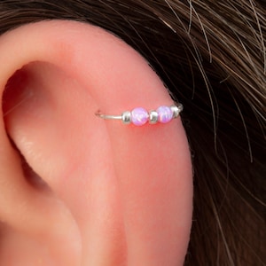 Helix Earring Silver Hoop 20 Gauge - Pink Opals Handmade Helix Ring - Hypoallergenic 7-8mm Diameter Cartilage Piercing