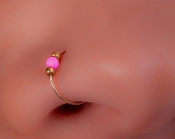 Pink Opal Gold Nose Ring For Women Girls - 24G Tiny Cute Nose Hoop Dainty Ring - 7mm 14k Gold Filled Nose Jewelry