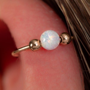 Helix Ear Ring Hoop 20 Gauge - Gold Cartilage Piercing Hoop With White Opal - Small Earring Hoop
