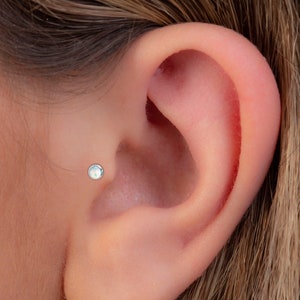 Tiny L Shape Tragus Stud White Opal - 22 Gauge Tragus Pin Stud 925 Silver - Cartilage Studs For Women Men Ear Jewelry