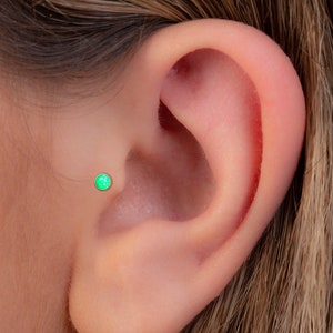 L Shape Tragus Stud Green Opal - 22G 14K Gold Filled Tragus Piercing Stud - Handmade Ear Piercings