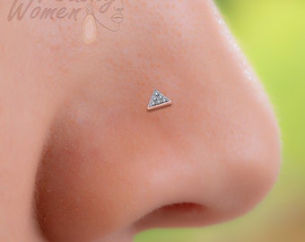 Pyramid Nose Stud With CZ 22G - 925 Sterling Silver Nose Piercing Triangle Rhinestones