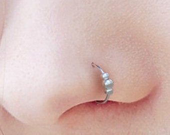 Thin Silver Nose Ring With Beads 24G - Silver Beaded 925 Silver Nose Hoop - Handmade Nose Hoop Jewelry