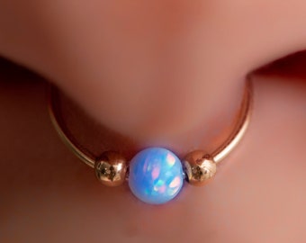 Blue Opal Septum Ring Hoop 14k Gold Filled - 20G Tiny Septum Nose Hoop For Women - 8mm Inner Diameter 0.3 Inches Jewelry