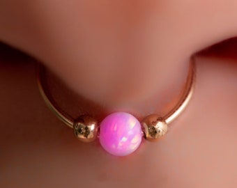 Thin Gold Septum Ring 20 Gauge - Tiny Septum Rings For Women - Handmade Piercing Hoops Septum Jewelry 14k gold filled Pink Opal