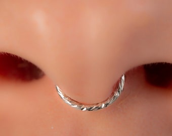 Silver Fake Septum Ring Hoop - 20 Gauge Hammered Faux Septum Ring 8mm Inner Diameter no piercing needed