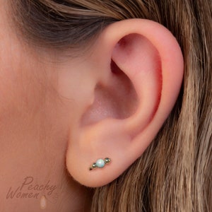 Very Tiny Opal Ear Stud 22G - Small 14k Gold Filled Beaded Ear Lobe Pin L Shape - Multifunction Cartilage Studs For Women
