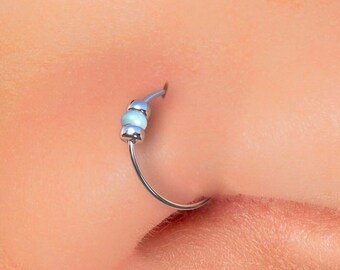 Fake Silver Nose Ring Turquoise Bead - 24G Beaded Faux Nose Hoop - No Piercing Needed Nose Piercing