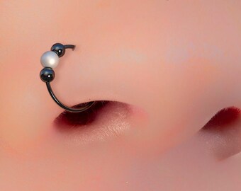 Pearl Nose Ring For Women - Tiny 925 Silver Black Nose Hoop 7mm Inner Diameter - 20G White Freshwater Pearl Nose Ring