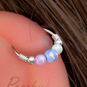Galaxy Helix Hoop Earring 24G - White Opal, Blue Opal, Pink Opal Cartilage Ring With Beads - 925 sterling silver