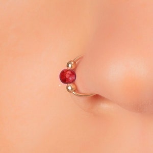 14K Gold Filled Nose Ring Hoop 20 Gauge - Dainty Red Opal Nose Piercing Jewelry For Women Men