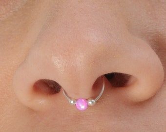 Faux Septum Ring Hoop With Pink Opal - Silver Fake Septum Hoop No Piercing Needed 20G - Adjustable Septum Ring