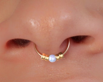 Thin Gold Fake Septum Ring With Blue Opal - 24G Beaded Faux Septum Hoop - No Piercing Needed Gold Filled Septum Ring