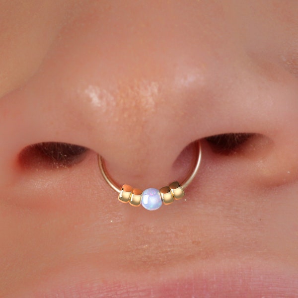 Thin Gold Fake Septum Ring With Blue Opal - 24G Beaded Faux Septum Hoop - No Piercing Needed Gold Filled Septum Ring