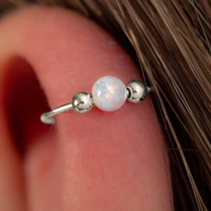 Silver Helix Ring Hoop With White Opal - 20 Gauge Cartilage Hoop 925 sterling silver - small opal earring hoop