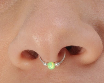 Faux Septum Ring 925 Sterling Silver - 20G Green Opal Fake Septum Hoop - Artificial Septum Jewelry
