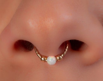 Faux Septum Hoop Ring 20 Gauge 14k Gold Filled - White Opal Fake Clip On Septum - False Septum Ring Hoop